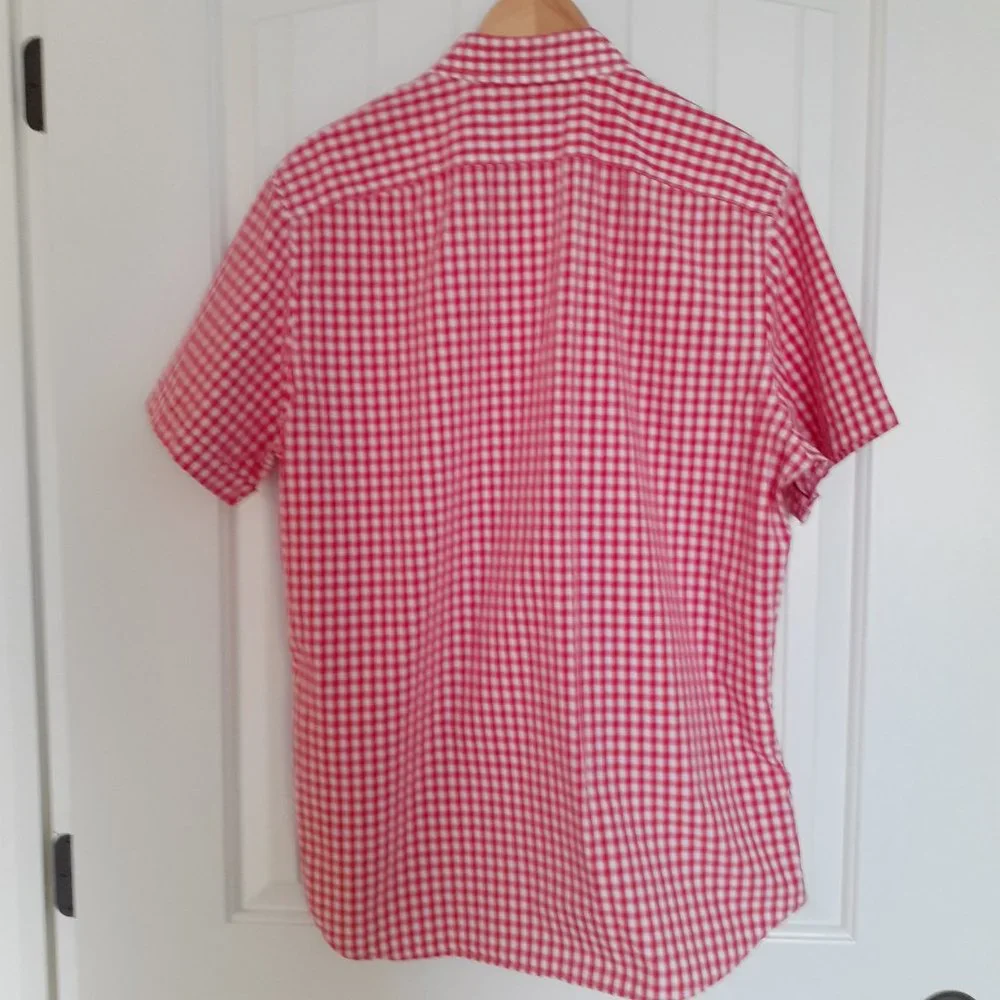 Banana Republic 100s 2-Ply Cotton Short Sleeve Button Down Red Check Size LT